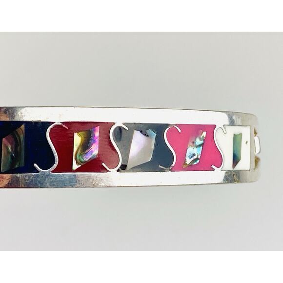 Vintage Alpaca Mexico Bangle Bracelet Red Abalone Small Hinged Letter S Pink Bla - Picture 6 of 15